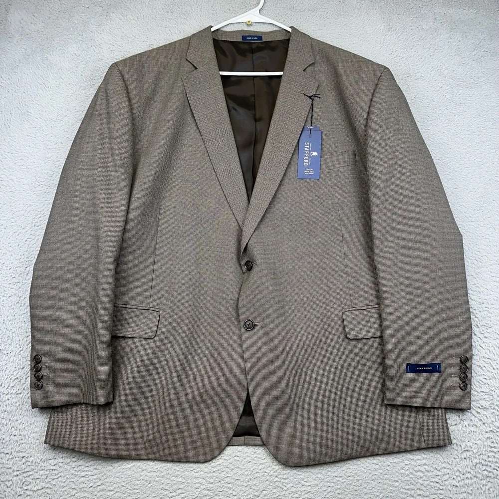 Stafford Blazer‎ Mens 52R Big & Tall Houndstooth Travel Sport Coat 2 Button